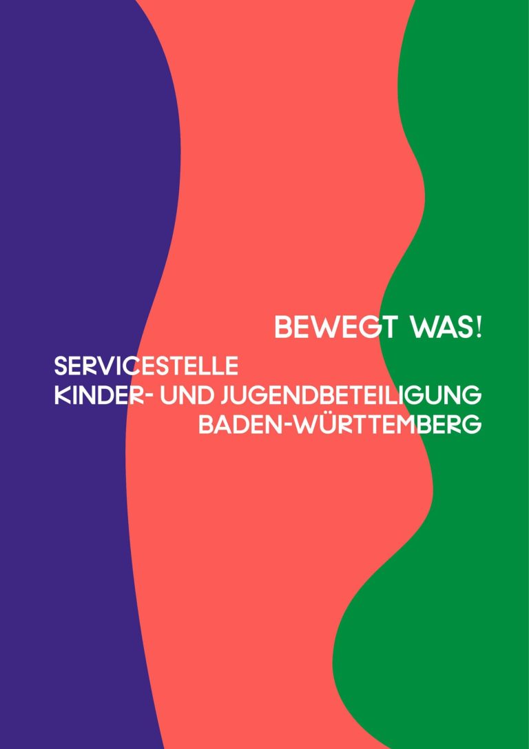 Visual mit der Aufschrift: "Bewegt was! Servicestelle Kinder- und Jugendbeteiligung Baden-Württemberg"