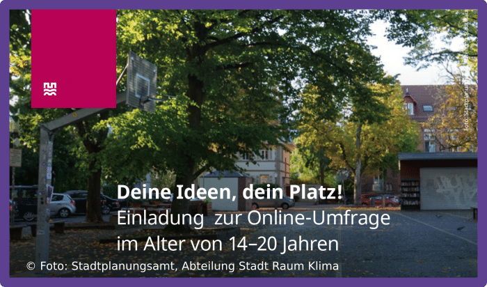 Der Wilhelmsplatz in der Heidelberger Weststadt mit der Aufschrift "Deine Ideen, dein Platz! Einladung zur Online-Umfrage im Alter von 14-20 Jahren