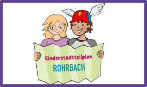 Zwei Kinder schauen gemeinsam auf eine Karte mit der Aufschrift: Kinderstadtteilplan Rohrbach.