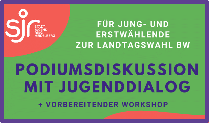 Auf dem Bild ist das Stadtjugendring-Logo und der Titel "Podiumsdiskussion mit Jugenddialog" zu sehen.