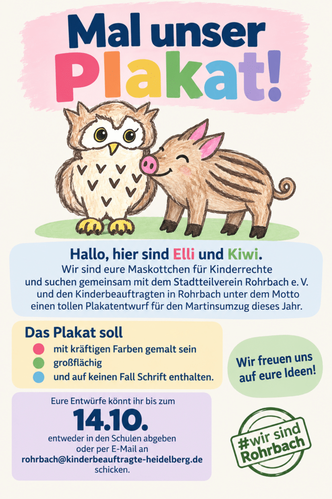 Auf dem Plakat sind die Maskottchen Elli (Eule) und Kiwi (Frischling) zu sehen, die auf den Martinsumzug hinweisen.